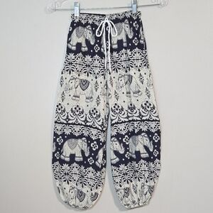 🐘 Goa Boho Kids Navy & Cream Elephant Print Harem Pants, Size 4 ~ EUC